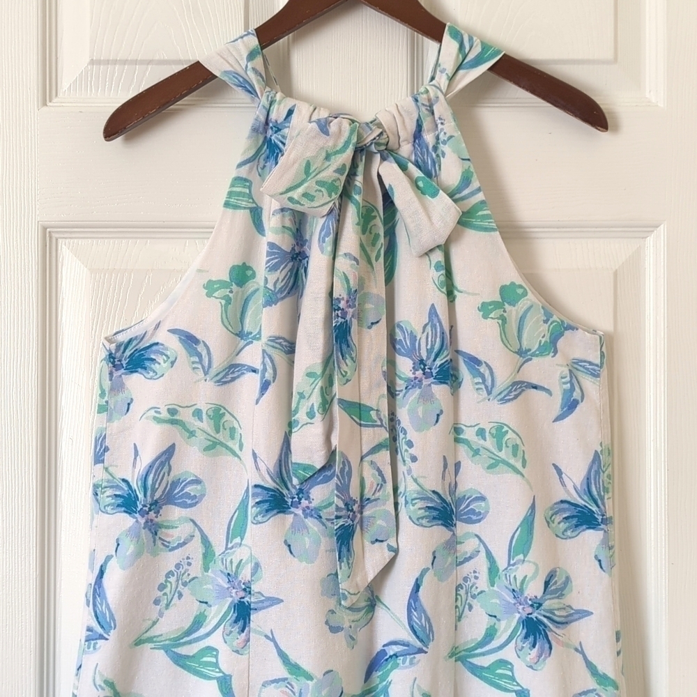 Charlie Paige Floral Linen Blend Sleeveless Halter Neck Mini Dress White Blue L - Picture 12 of 14